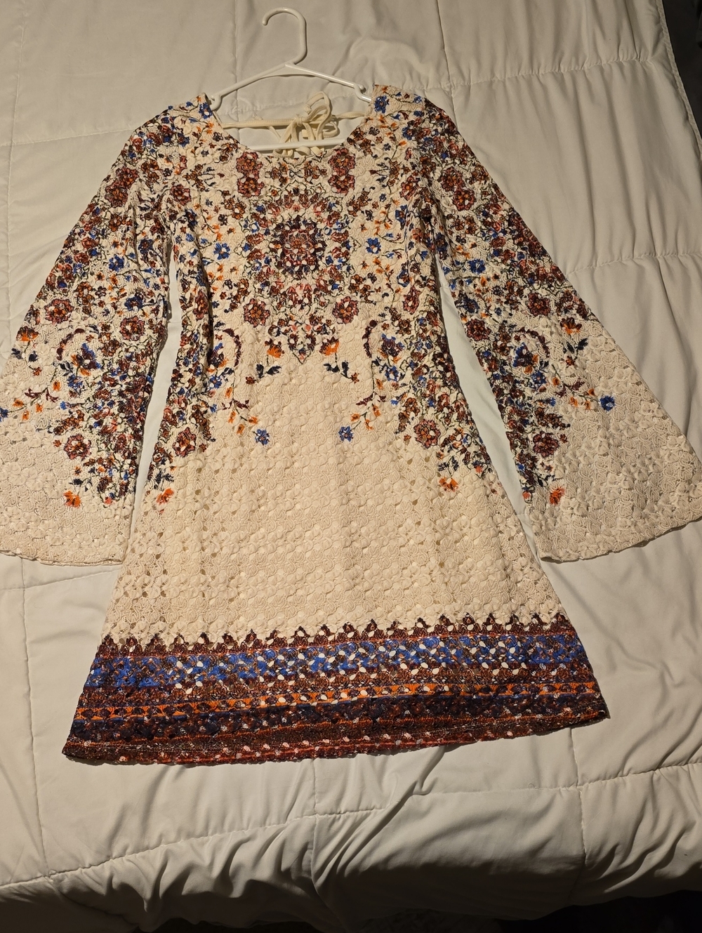 Xhilaration Cream Lace Dress with Blue and Rust Floral Accents